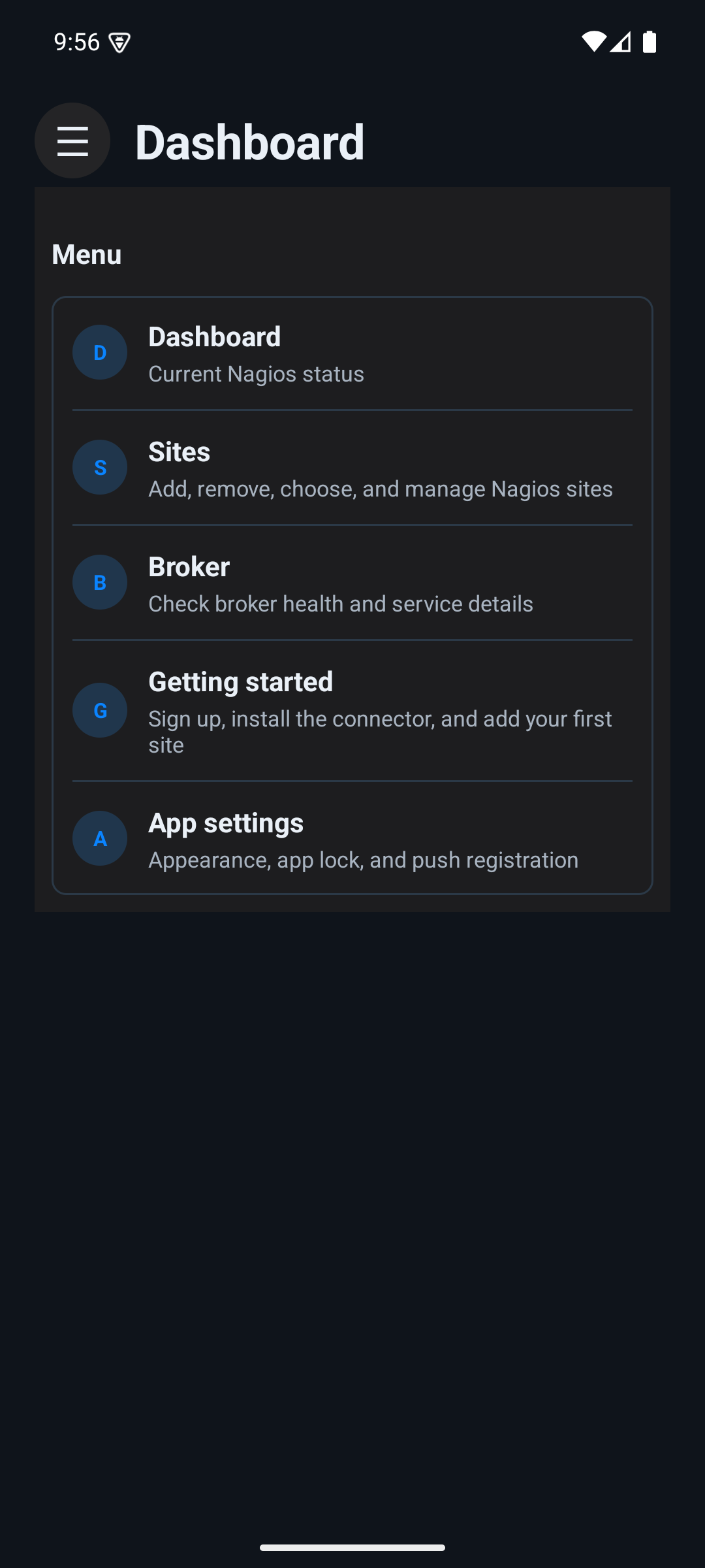 Server Alerts Android menu showing bordered navigation rows.